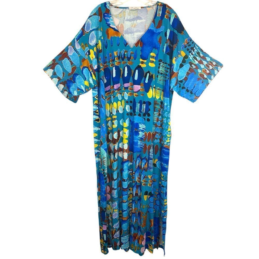 David Nieper Ladies Maxi Dressing Gown XL BLUE Floral Kaftan Lounge Graphic - Picture 12 of 12